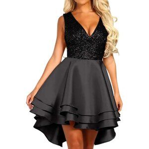 Lrady Womens Size L Dress Black Sequin V Neck Skater Mini Swing Formal Cocktail
